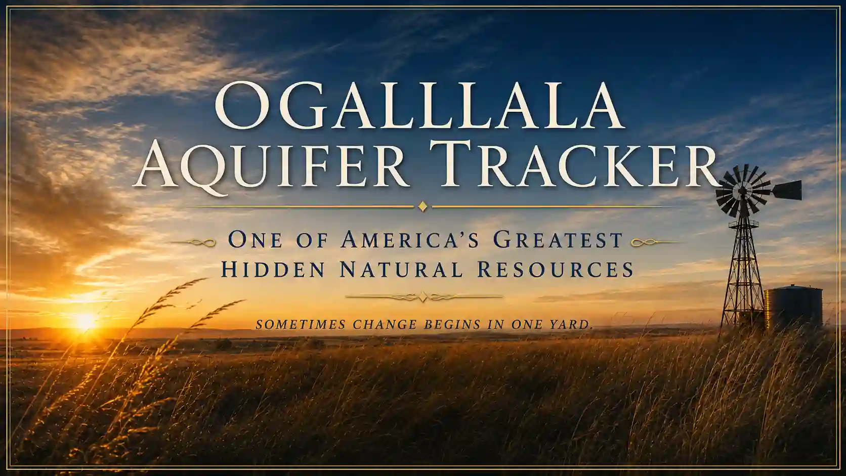 Ogallala Aquifer Tracker over a Nebraska prairie sunset with a traditional windmill