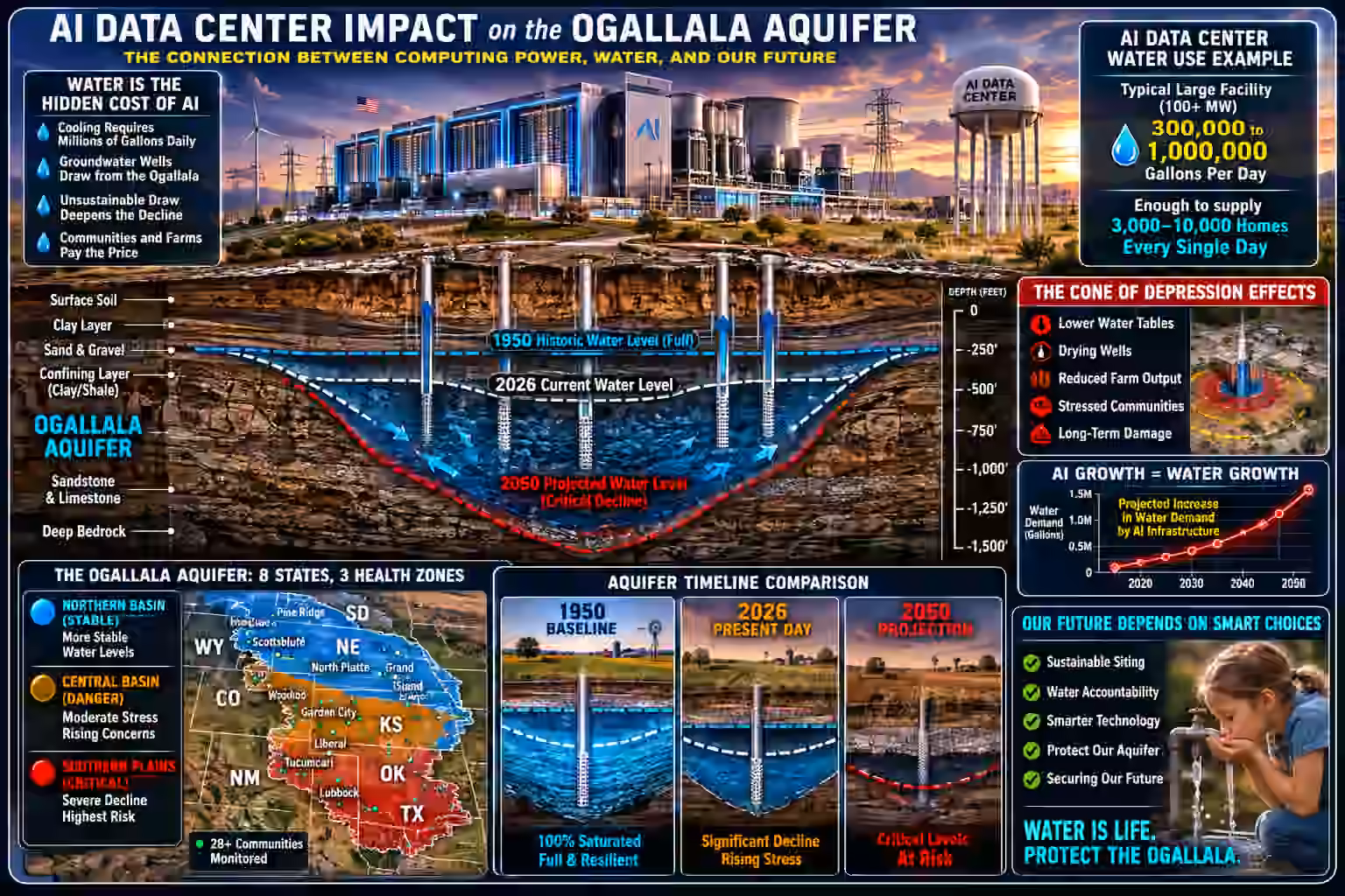 AI Data Center Impact on the Ogallala Aquifer educational cross-section